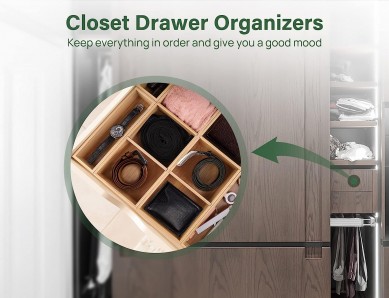 6 Pcs Bamboo Drawer Organizer with Removable Dividers, Kitchen Drawer Organizer Utensils Bamboo Organizer Storage Box 3-Size Adjustable Cutlery Holders Multi-Use for Office, Bedroom, Bathroom