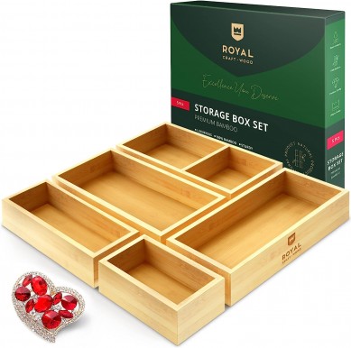 ROYAL CRAFT WOOD Luxury bamboo drawer Organizer, Trash can set – multi-functional drawer organizer for kitchen bathroom desk cosmetics jewelry 5 pcs