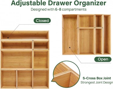 Bamboo drawer organizer with detachable partition 6-piece adjustable kitchen drawer organizer bamboo organizer silver organizer cutlery tray multi-purpose suitable for bathroom cosmetics office