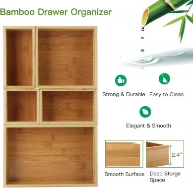 Bamboo Adjustable Utensil Cutlery Organizer Tray Kitchen Silverware Drawer Organizer