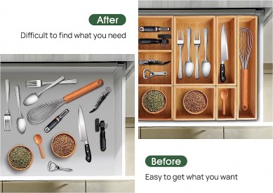 Bamboo drawer organizer with detachable partition 6-piece adjustable kitchen drawer organizer bamboo organizer silver organizer cutlery tray multi-purpose suitable for bathroom cosmetics office