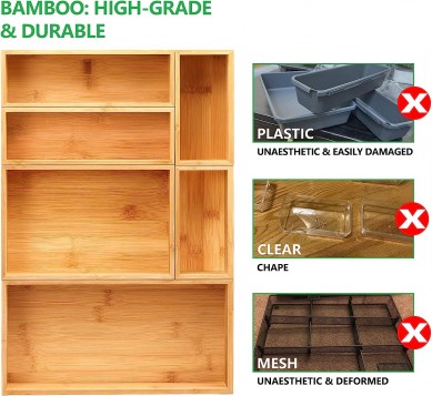 Drawer Organizer 100% Bamboo drawer organizer Stackable 6-piece wooden drawer organizer,18 x 12 x 2 inch (approx 45.7 x 30.5 x 5.1 cm) multi-purpose desktop drawer organizer, available in various sizes for office kitchen bedroom bathroom room