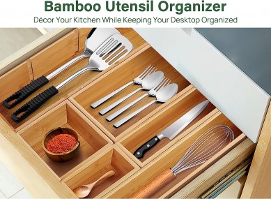 Bamboo drawer organizer with detachable partition 6-piece adjustable kitchen drawer organizer bamboo organizer silver organizer cutlery tray multi-purpose suitable for bathroom cosmetics office