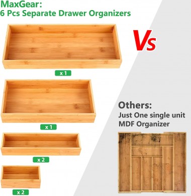 Drawer Organizer 100% Bamboo drawer organizer Stackable 6-piece wooden drawer organizer,18 x 12 x 2 inch (approx 45.7 x 30.5 x 5.1 cm) multi-purpose desktop drawer organizer, available in various sizes for office kitchen bedroom bathroom room