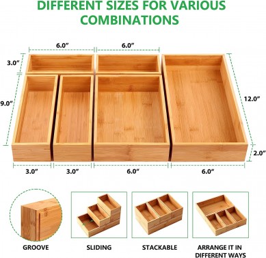 Drawer Organizer 100% Bamboo drawer organizer Stackable 6-piece wooden drawer organizer,18 x 12 x 2 inch (approx 45.7 x 30.5 x 5.1 cm) multi-purpose desktop drawer organizer, available in various sizes for office kitchen bedroom bathroom room