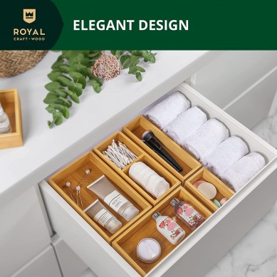 ROYAL CRAFT WOOD Luxury bamboo drawer Organizer, Trash can set – multi-functional drawer organizer for kitchen bathroom desk cosmetics jewelry 5 pcs