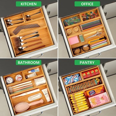 Drawer Organizer 100% Bamboo drawer organizer Stackable 6-piece wooden drawer organizer,18 x 12 x 2 inch (approx 45.7 x 30.5 x 5.1 cm) multi-purpose desktop drawer organizer, available in various sizes for office kitchen bedroom bathroom room