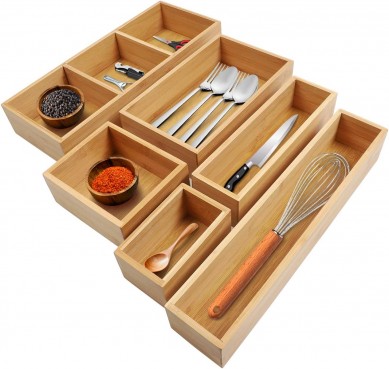 Bamboo drawer organizer with detachable partition 6-piece adjustable kitchen drawer organizer bamboo organizer silver organizer cutlery tray multi-purpose suitable for bathroom cosmetics office