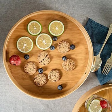 Bamboo Round Tray with Handles, Natural Decorative Tray for Ottoman, Kitchen , Coffee Table, 13.8 inch