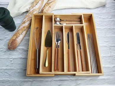 Expandable Bamboo Kitchen Drawer Organizer Wood Cutlery Tray for Kitchen Silverware