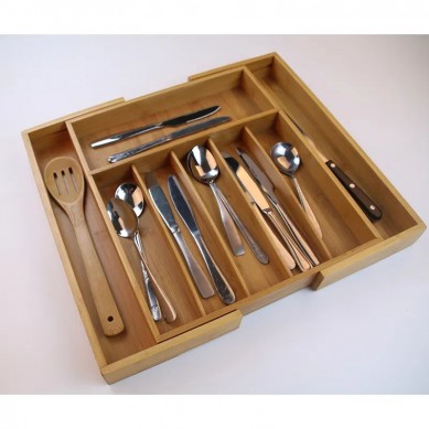Expandable 8 Compartments Bamboo Drawer Organizer Wooden Cutlery Tray For Kitchen Silverware