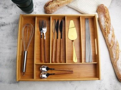 Wholesale Bamboo Kitchen Organizer With Handle Wood Cutlery Tray For Kitchen Utensils