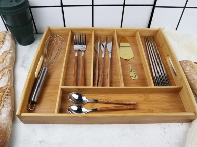 Wholesale Bamboo Kitchen Organizer With Handle Wood Cutlery Tray For Kitchen Utensils