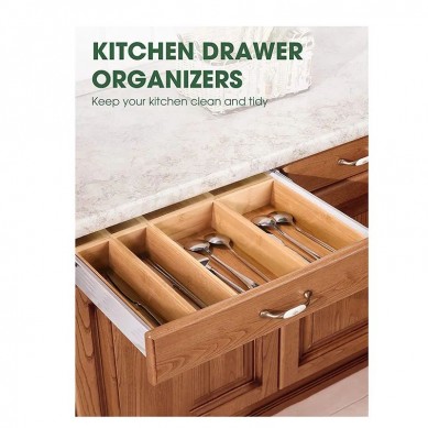 Bamboo Kitchen Drawer Organizer with Knife Holder, Expandable Utensil Drawer Organizer