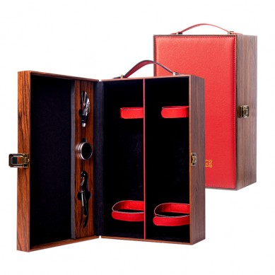 Luxury Wooden Leather Wine Gift Box Set 2 Bottles Wine Packaging Gift Case Box For Glass Bottle