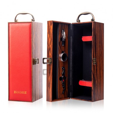 Personalized Luxury Leather Wooden Wine Gift Box Single Bottle Wine Packaging Wood Box With Accessories For Wine Bottle