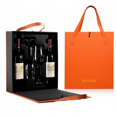 Pu Leather Wine Carry Case Double Glass Bottle Packaging Boxes Wine Gift Bags With 2 Crystal Wine Glasses