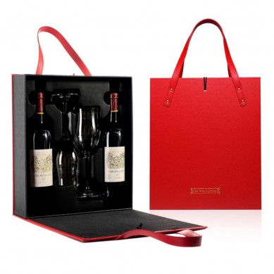 Pu Leather Wine Carry Case Double Glass Bottle Packaging Boxes Wine Gift Bags With 2 Crystal Wine Glasses