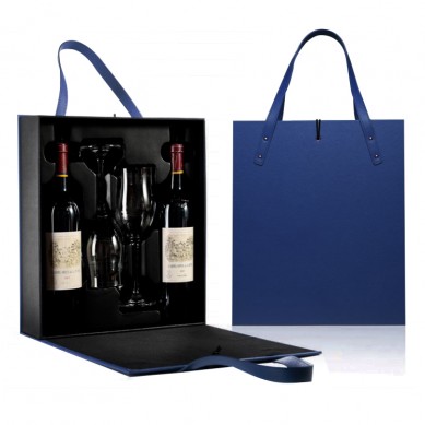 Pu Leather Wine Carry Case Double Glass Bottle Packaging Boxes Wine Gift Bags With 2 Crystal Wine Glasses