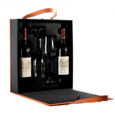 Pu Leather Wine Carry Case Double Glass Bottle Packaging Boxes Wine Gift Bags With 2 Crystal Wine Glasses