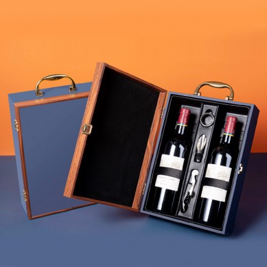 Luxury Blue Leather Wine Bottle Case Double Bottle Wine Storage Gift Boxes With Wine Accessories For Wine Bottle Packing