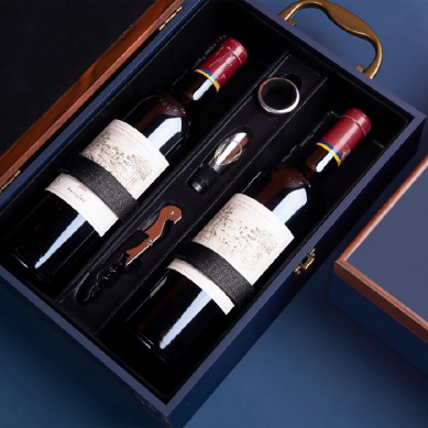 Luxury Blue Leather Wine Bottle Case Double Bottle Wine Storage Gift Boxes With Wine Accessories For Wine Bottle Packing