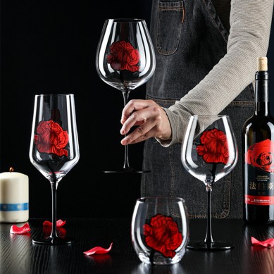 New Customize Creative Rose Imprinted Wine Glass Stemmed Red Wine Glasses Set Household Goblet White Burgundy Wine Whiskey Glass