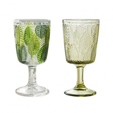 French Vintage Glass Personalized Fresh Leaf Embossed Goblet Green Red Wine Glass Juice Drinking Wine Cup For Home Restaurant