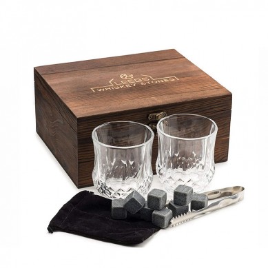 Customized Pine Wood Box Wine Whisky Stone Gift Set Drink Ice Cube Rocks with Crystal Shot Glasses and Slate Glossy Coasters