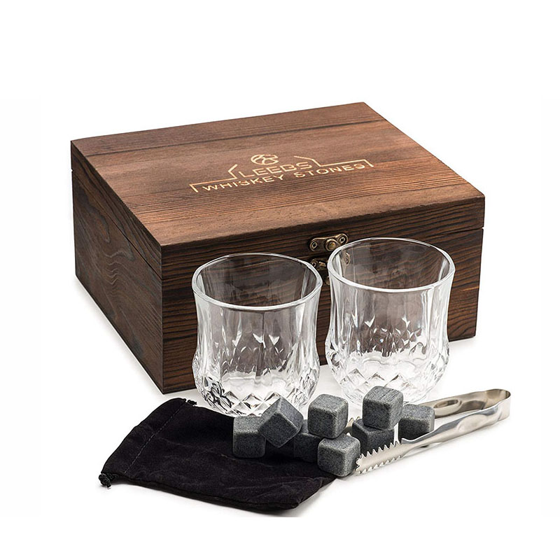 Factory Supply Skull Glass - Customized Pine Wood Box Wine Whisky Stone Gift Set Drink Ice Cube Rocks with Crystal Shot Glasses and Slate Glossy Coasters – Shunstone detail pictures