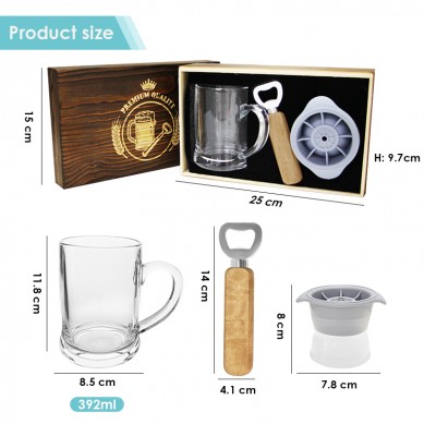Shunstone 14oz Beer Glass & Opener Gift Set with Ice Mold-Custom Logo Personalized Design Modern Style Promotional Gift for Men
