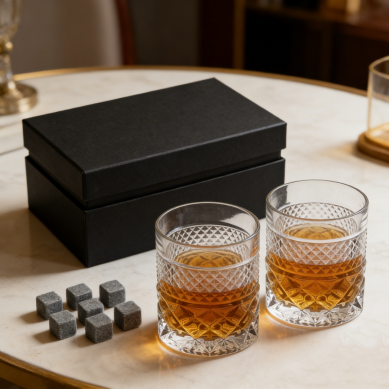 Shunstone Custom Engraved Whiskey Glass Gift Set with Chilling Whiskey Ice Cube in Paper Gift Box Corporate Gift Set