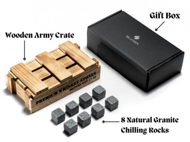 WOOD BOX WHISKEY STONES 8pcs of granite whiskey stones